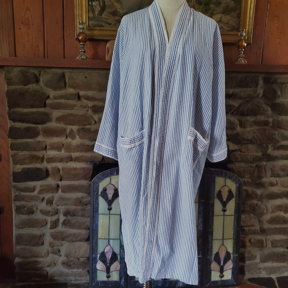 Vintage After Hours Diplomat Seersucker Robe Blue White Striped Cotton One Size